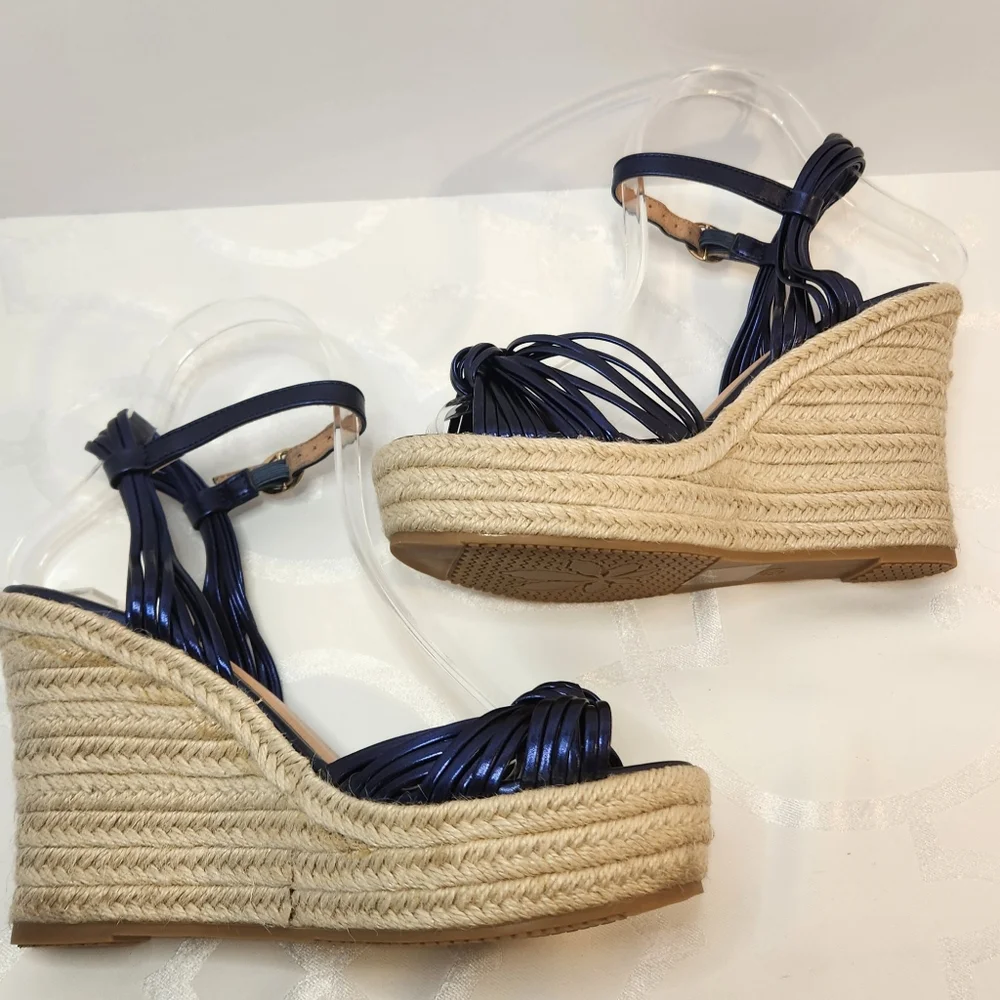 Patrizia by Spring Step Blue Metallic Strappy Woven Wedge Sandal Sz 6.5/7
